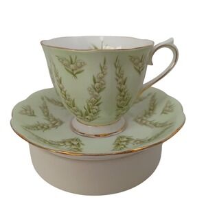Royal Albert Green Damask Teacup Saucer Set Lily of th Valley Bone China England